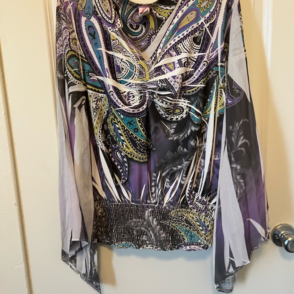R. Rouge Purple Paisley Long-Sleeve Blouse with Black and Teal Accents